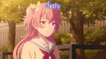 a girl with pink hair and a bow on her head is wearing a school uniform and standing in a park .