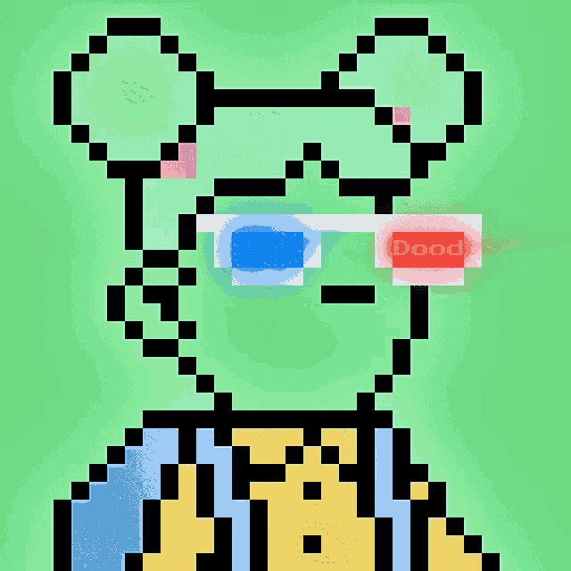 a pixel art of a frog with the word dead written on his eyes