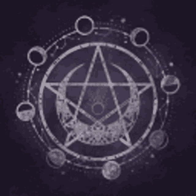 there is a pentagram in the middle of a circle with moons around it .