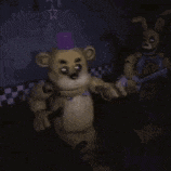 a teddy bear is standing next to a rabbit in a dark room .