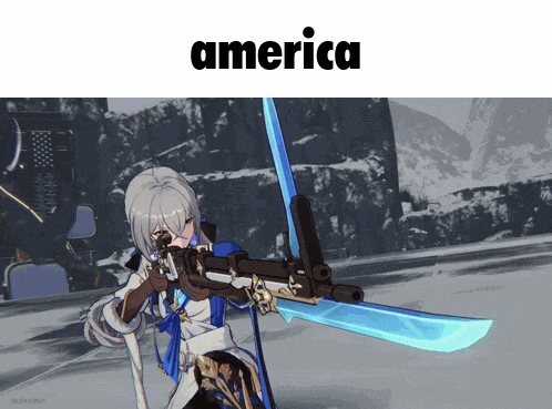 a video game character holding a gun and a sword with the word america above her