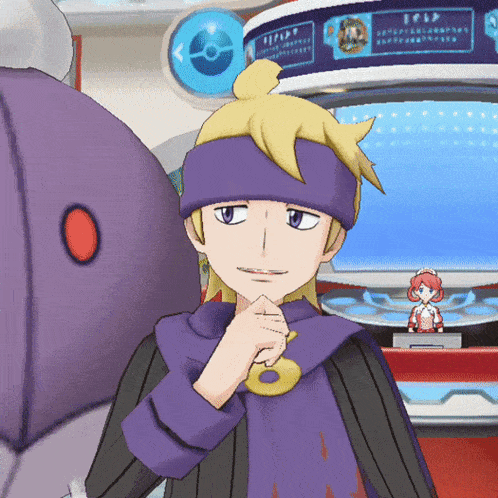 a cartoon character with a purple headband and a yellow hair