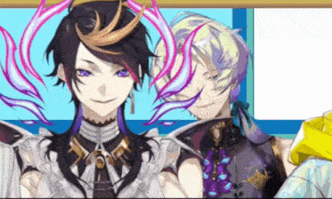 a couple of anime characters are standing next to each other and smiling .
