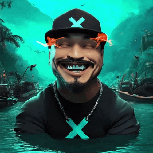 a man wearing a hat with a x on it