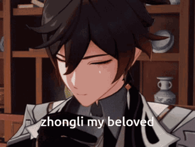 zhongli my beloved is written next to a cartoon character
