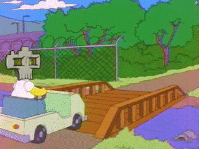a cartoon character with a skull on his head is driving across a bridge