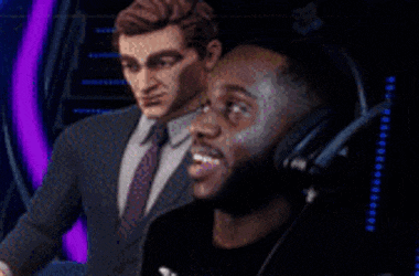 a man wearing headphones is smiling in front of a cartoon character
