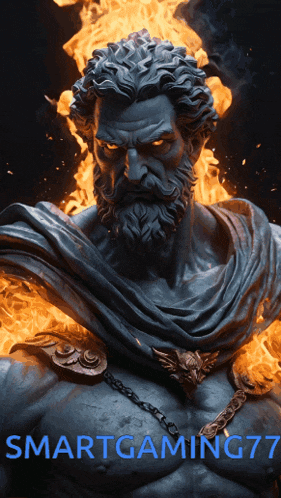 a statue of a man with a beard is surrounded by flames and the words smartgaming 77 below it
