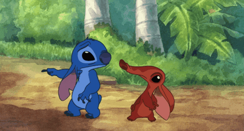a blue stitch and a red stitch are standing next to each other on a dirt road