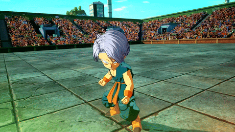 a cartoon character with purple hair is standing on a tiled floor