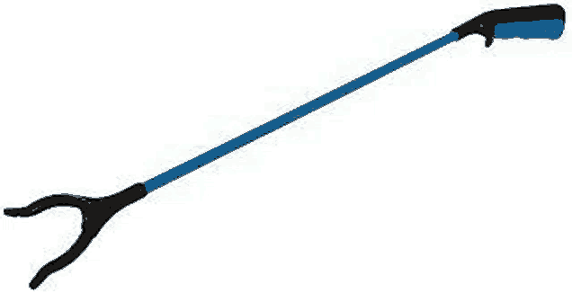 a long blue and black reacher with a black handle on a white background .