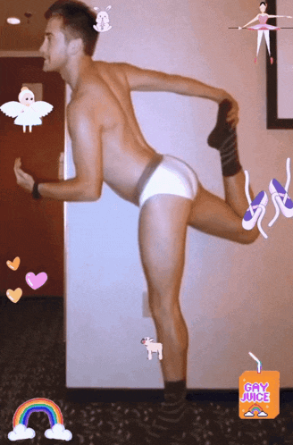 a picture of a man in underwear with a box of gay juice