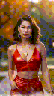a woman wearing a red crop top and leather shorts is standing with her hands in her pockets .
