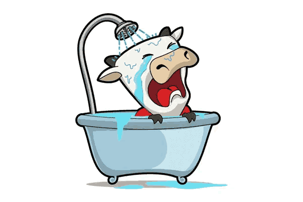 a cartoon cow is taking a shower in a bathtub .