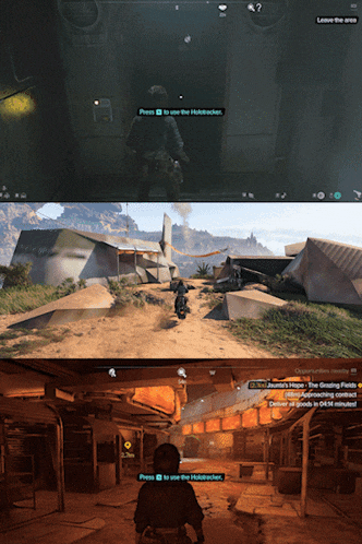 a screenshot of a video game shows a man riding a motorcycle and a man walking