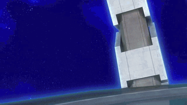 a blue background with a white building in the foreground