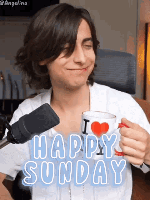 a young man holding a mug that says i love sunday