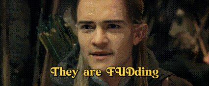 a close up of a man 's face with the words `` they are fudding '' written in yellow .