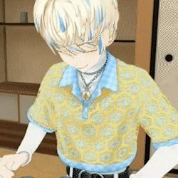 a cartoon character wearing a yellow and blue shirt and a necklace
