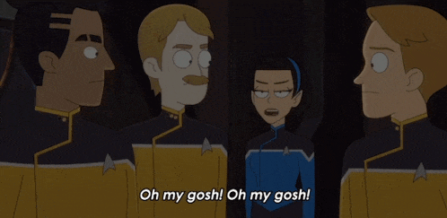 a group of cartoon characters are standing next to each other and one of them is saying oh my gosh