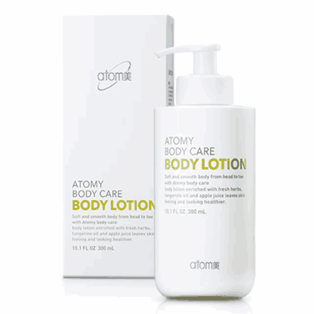 a bottle of atomy body care body lotion sits next to its box