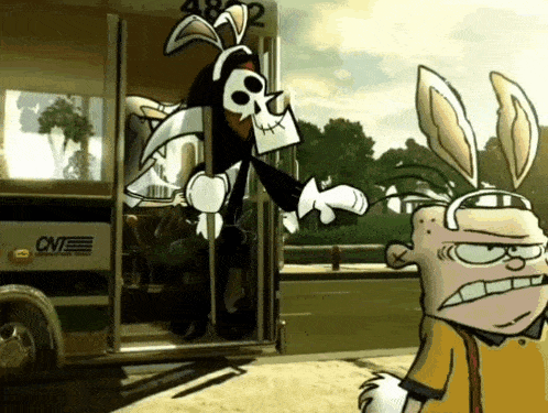 a cartoon character with bunny ears is standing next to a bus that says cnte