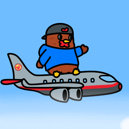 a cartoon of a chicken flying on top of a plane