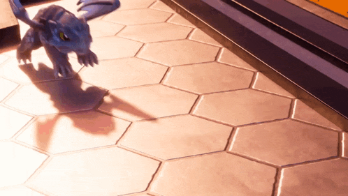 a shadow of a dragon is cast on a tile floor