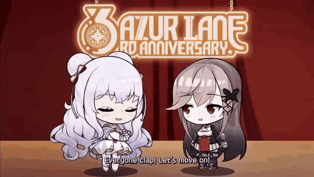 two anime girls standing in front of a sign that says azur lane 8th anniversary