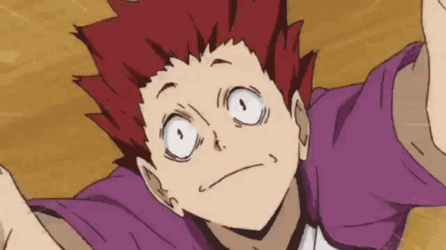 a close up of a cartoon character with red hair and white eyes .