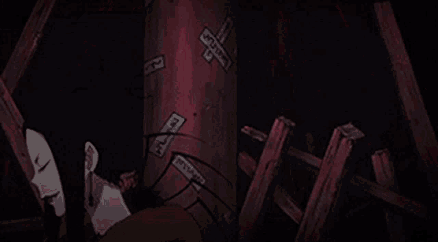 a cartoon character is surrounded by red eyes and a sign that says ' i 'm sorry ' on it