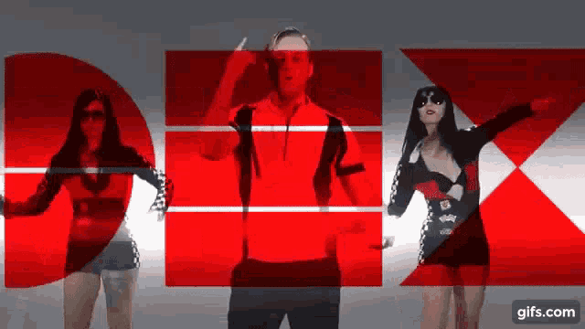 a man and two women are dancing in front of a red sign that says dex