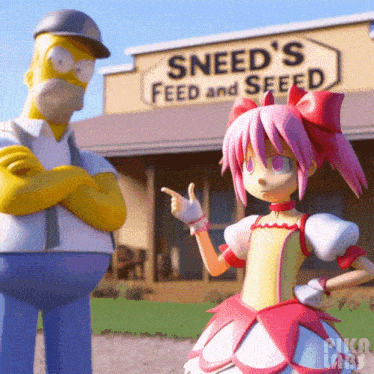homer simpson and a girl standing in front of sneed 's feed and seed store