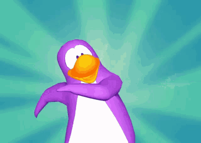 a purple and white penguin with a yellow beak is dancing