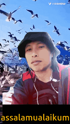 a man wearing headphones and a hat is surrounded by seagulls and the words assalamualaikum on the bottom