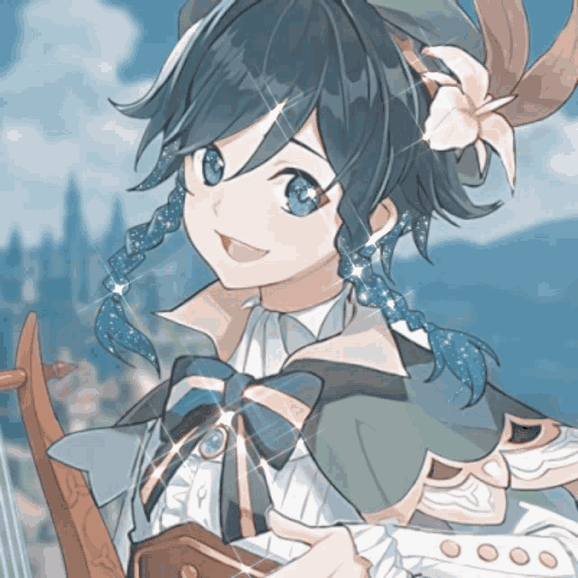 a blue haired anime character with a flower in his hair