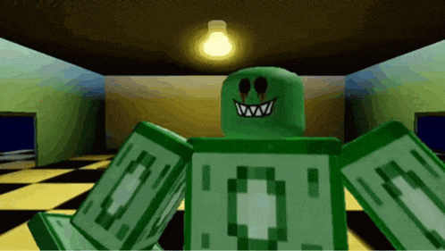 a cartoon character is standing in a room with a light bulb .