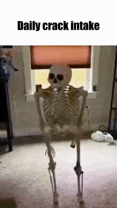 a skeleton is standing in front of a window with the words daily crack intake written above it .