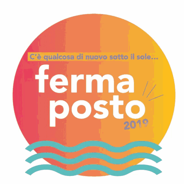 a sign that says ferma posto with a picture of two people in the water