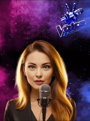 a woman singing into a microphone in front of a sign that says voice academy