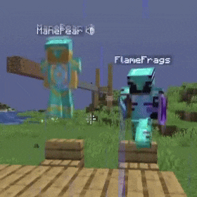 two minecraft characters are standing next to each other and one has a sword and the other has a shield .