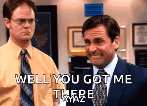 dwight schrute and michael scott from the office are standing next to each other and michael scott is making a funny face .