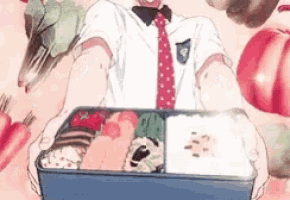 a man in a tie is holding a bento box filled with rice and vegetables .