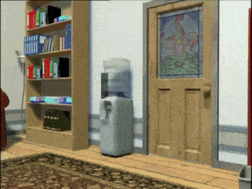 a room with a stained glass door and a water dispenser