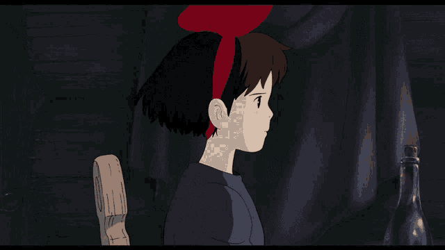 a cartoon girl with a red bow in her hair stands next to a bottle