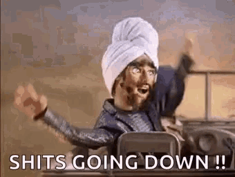 a cartoon character wearing a turban is driving a car and saying `` shits going down ! ''