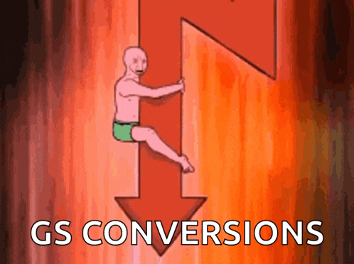 a cartoon of a man climbing a red arrow with the words " gs conversions " below him