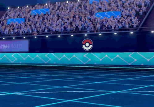 a stadium full of people with a pokemon logo on the side