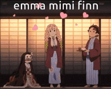 a group of anime characters are standing in front of a window with the words emma mimi finn above them