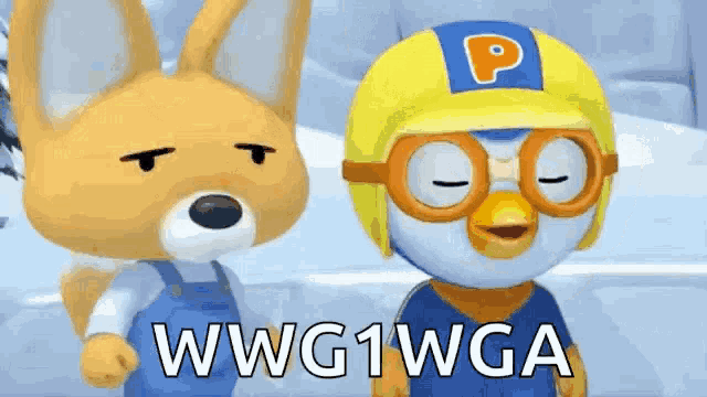 two cartoon characters are standing next to each other with the words wwg1wga written on the bottom